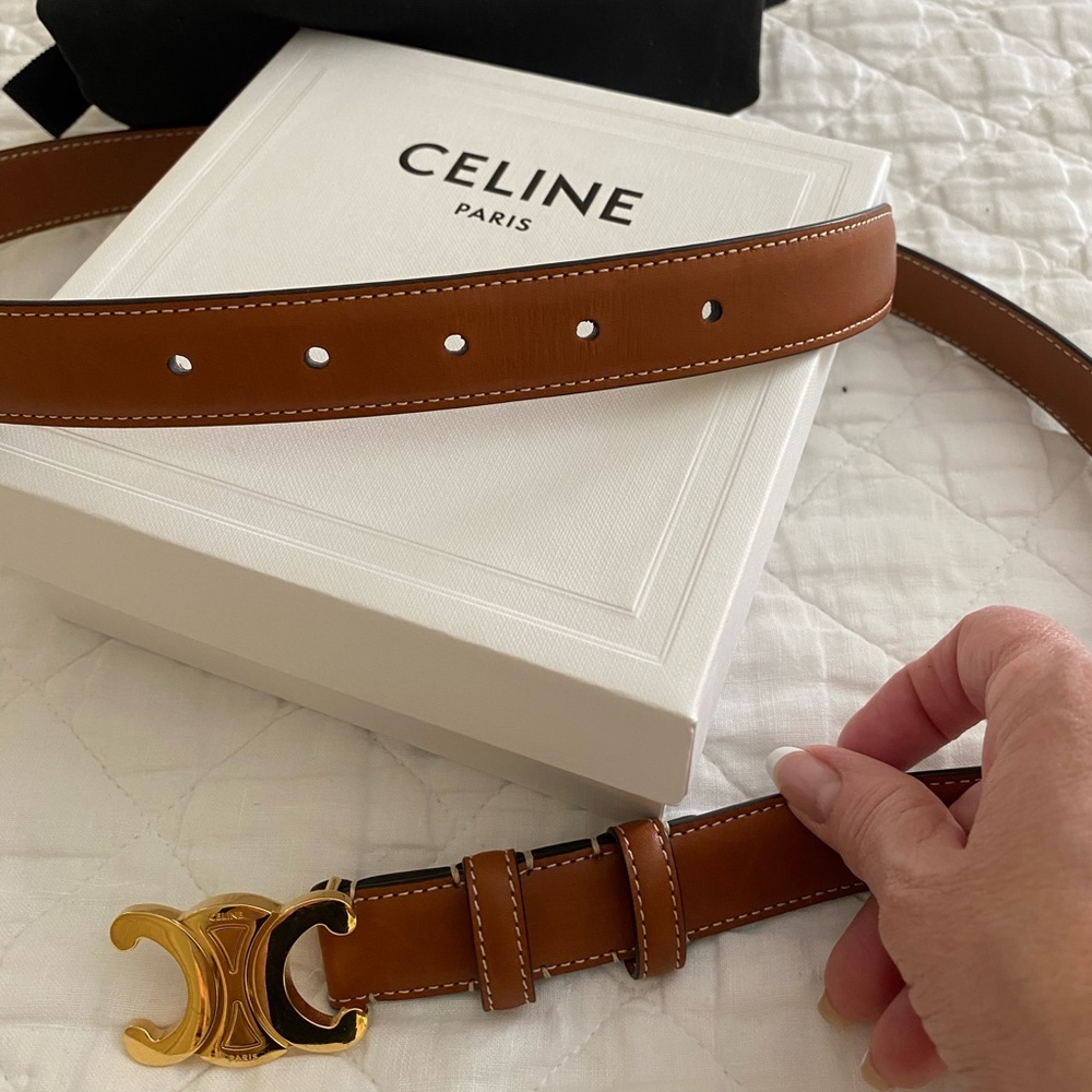 Celine Tan Leather Belt with Gold Logo - Picture 2 of 5